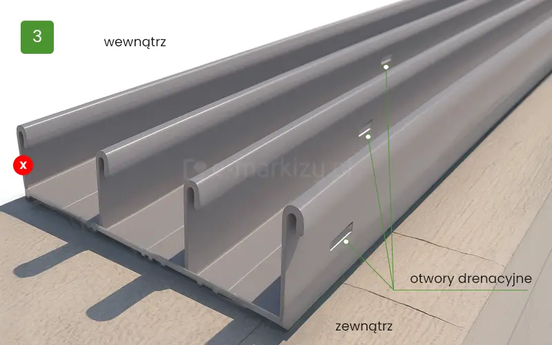 Dolna prowadnica drzwi przesuwnych Sotro powinna mieć wykonane otwory drenacyjne na wszystkich torach prócz wewnętrznego
