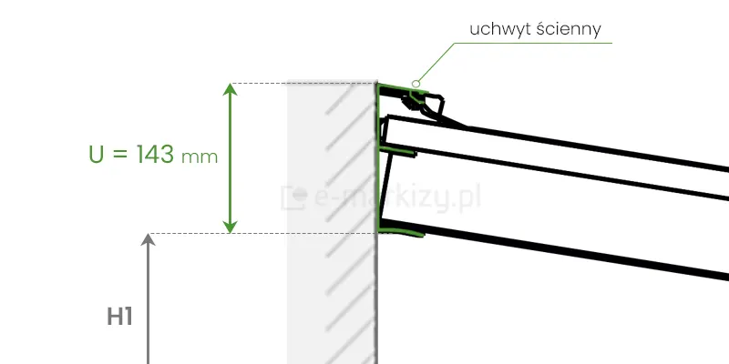 Wysokość H1 przy ścianie zadaszenia Deponti Nebbiolo mierzona jest od podłoża do dołu uchwytu ściennego o wymiarach 143mm