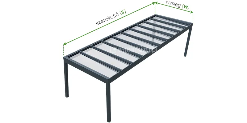 Pomiar szerokości całkowitej konstrukcji aluminiowego zadaszenia Spektra Glass na 4 podporach