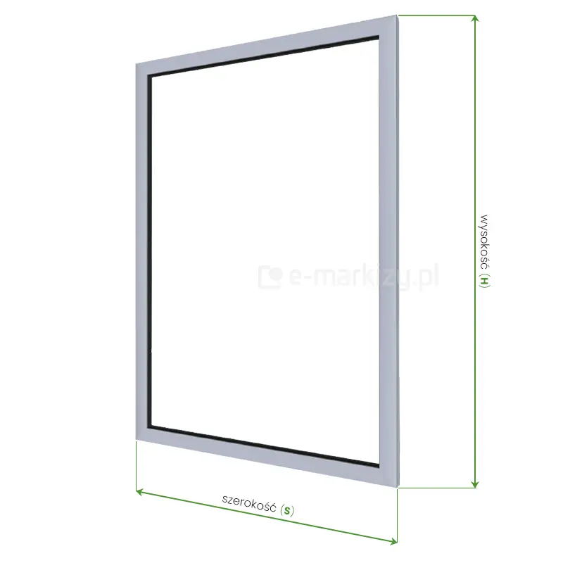 Schemat przedstawiający pomiar szerokości całkowitej S oraz wysokości całkowitej H okien lub ścianek stałych Fest