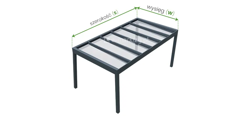 Schemat pomiaru konstrukcji zadaszenia szklanego Spekta Glass w wersji wolnostojącej