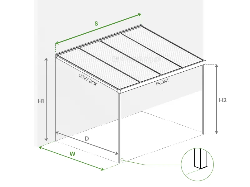 Aluminiowe zadaszenie na taras z poliwęglanem 4 metry szerokości pomiar najważniejszych wymiarów modelu Nebbiolo Deponti