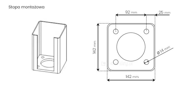 Stopa do montażu podpór konstrukcji Spekta Glas posiada wymiary całkowite 142 x 142 mm