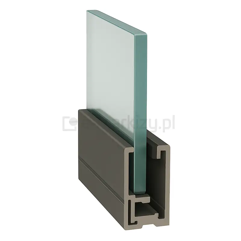Profil aluminiowy z osadzoną szybą hartowaną 6 mm do systemu ścianki stałej Fest, przeznaczony do zabudowy tarasów i biur, zapewniający nowoczesny wygląd i ochronę.