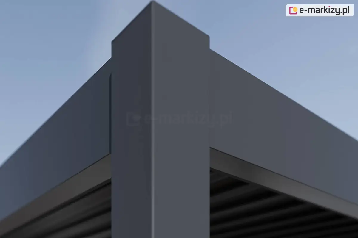 Zbliżenie narożnika pergoli lamelowej Rubio ukazujące solidną, aluminiową konstrukcję o nowoczesnym, minimalistycznym designie. Precyzyjnie wykonane profile gwarantują stabilność i odporność na warunki atmosferyczne, stanowiąc trwałą podstawę dla systemu dachu z obrotowymi lamelami.