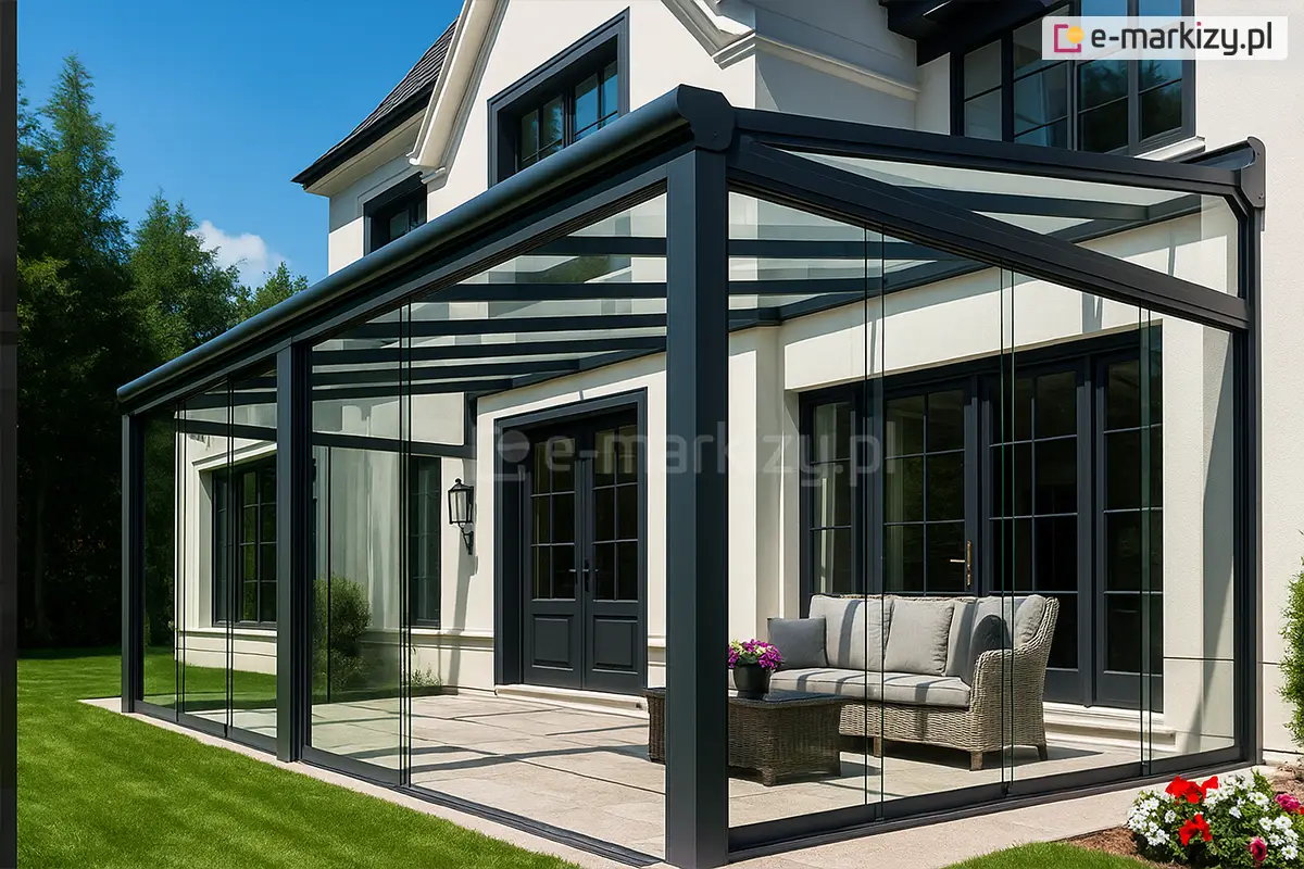System przezroczystych drzwi przesuwanych na prowadnicach Miros wykorzystany jako zabudowa aluminiowej pergoli tarasowej chroniąc miejsce wypoczynku przed wiatrem