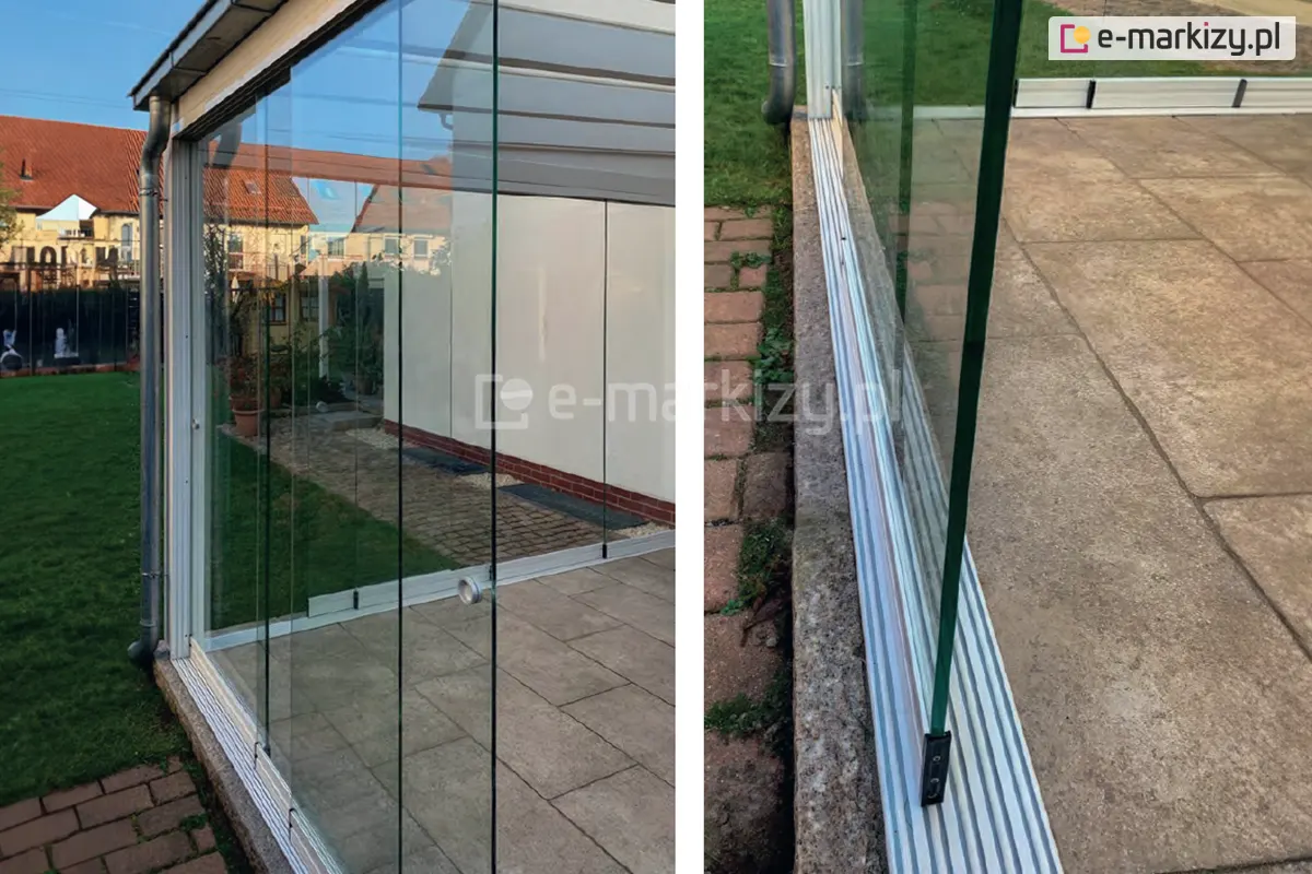 Zabudowa szklana z drzwiami Miros pokazana z dwóch perspektyw – frontowej i bocznej – przedstawiająca nowoczesne panele szklane zamontowane w niskoprogowej prowadnicy, idealne do tarasu przydomowego.