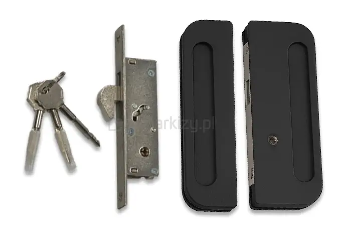 Kaseta zamka oraz przeciwkaseta w kolorze czarnym służące do zamykania szklanych drzwi tarasowych Miros na klucz