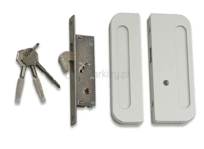 Kaseta zamka oraz przeciwkaseta w kolorze szarym służące do zamykania szklanych drzwi tarasowych Miros na klucz