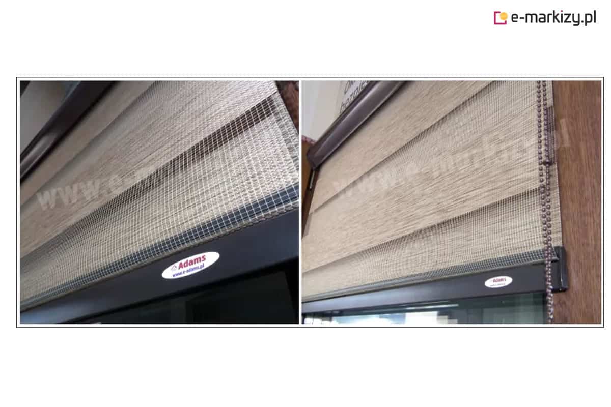 Widok od dołu markizy tarasowej Allegro z czarną kosntrukcją. Widoczne od lewej zaślepka boczna, przekładnia korbowa napędu ręcznego, mocowanie ramienia do belki kwadratowej oraz fragment uchwytu ściennego. Powyżej ramienia widoczna belka przednia. Z czarną konstrukcją kontrastuje czerwone poszycie. Markiza przedstawiona na białym tle.