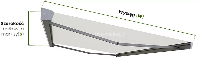 Markiza Corsica Aluprof pomiar szerokości i wysięgu oznaczony na w pełni rozwiniętej osłonie z antracytową konstrukcją i jasną osłoną. Po lewej stronie obok dwukierunkowej strzałki w kolorze zielonym umieszczono napis "szerokość całkowita markizy (S)", jest to wymiar wskazujący szerokość markizy Corsica. Nad poszyciem markizy, od końca kasety do końca belki przedniej także poprowadzono dwukierunkową zieloną strzałkę, nad którą umieszczono napis "Wysięg (W)". Jest to wymiar wysięgu markizy.